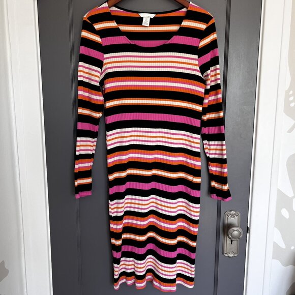 H&M Mama Maternity Rib Jersey Dress Striped Orange Pink Midi Cotton Elastane XL - Picture 1 of 13